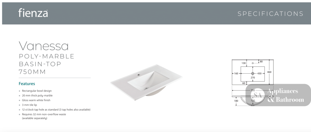 Fienza VAN75BWK Vanessa Amato 750 Satin White Vanity on Kickboard Gloss White - Vanity Units
