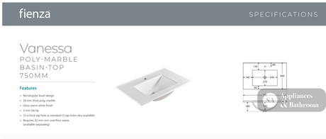 Fienza VAN75BWK Vanessa Amato 750 Satin White Vanity on Kickboard Gloss White - Vanity Units