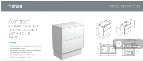 Fienza VAN75BWK Vanessa Amato 750 Satin White Vanity on Kickboard Gloss White - Vanity Units