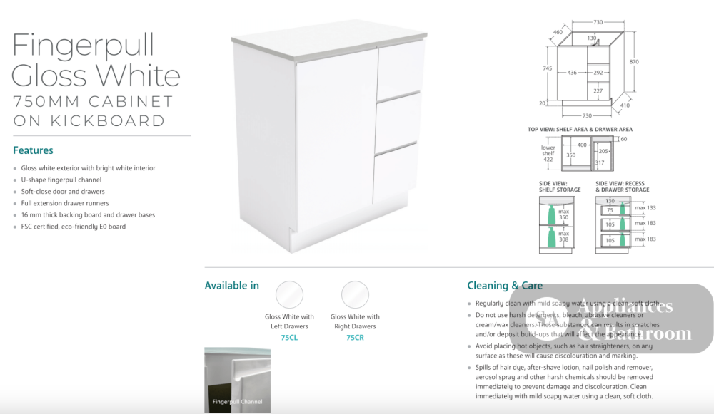Fienza VAN75CR Vanessa Fingerpull Gloss White 750 Vanity on Kickboard Right Drawers - Vanity Units