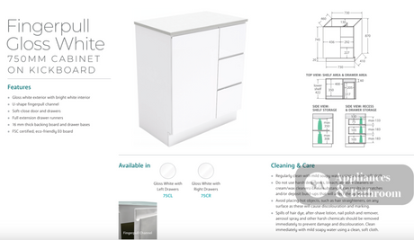 Fienza VAN75CR Vanessa Fingerpull Gloss White 750 Vanity on Kickboard Right Drawers - Vanity Units