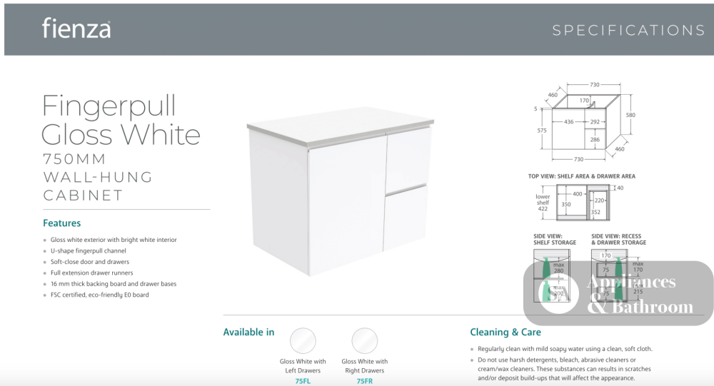 Fienza VAN75FL Vanessa Fingerpull Gloss White 750 Wall-Hung Vanity Left Drawers - Vanity Units