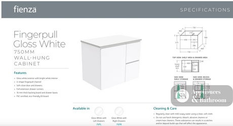 Fienza VAN75FR Vanessa Fingerpull Gloss White 750 Wall-Hung Vanity Right Drawers - Vanity Units