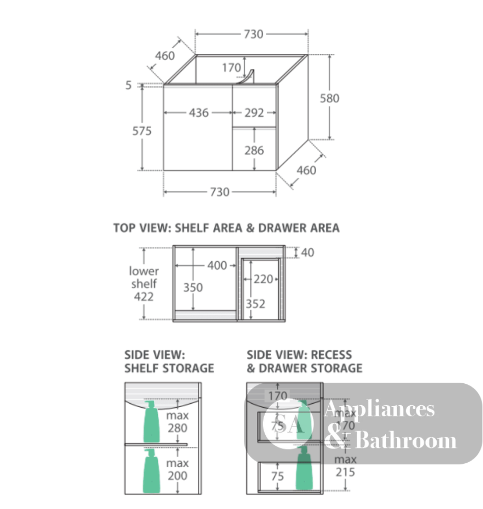 Fienza VAN75FR Vanessa Fingerpull Gloss White 750 Wall-Hung Vanity Right Drawers - Vanity Units