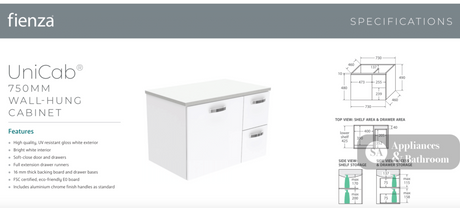 Fienza VAN75JL Vanessa Unicab 750 Wall-Hung Vanity - Vanity Units