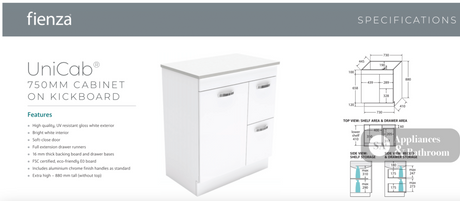 Fienza VAN75NKWL Vanessa Unicab 750 Vanity On Kickboard - Vanity Units