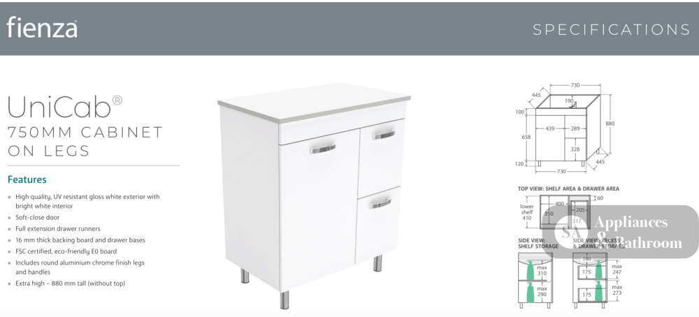 Fienza VAN75NLWL Vanessa Unicab 750 Vanity On Legs Left Drawers - Vanity Units