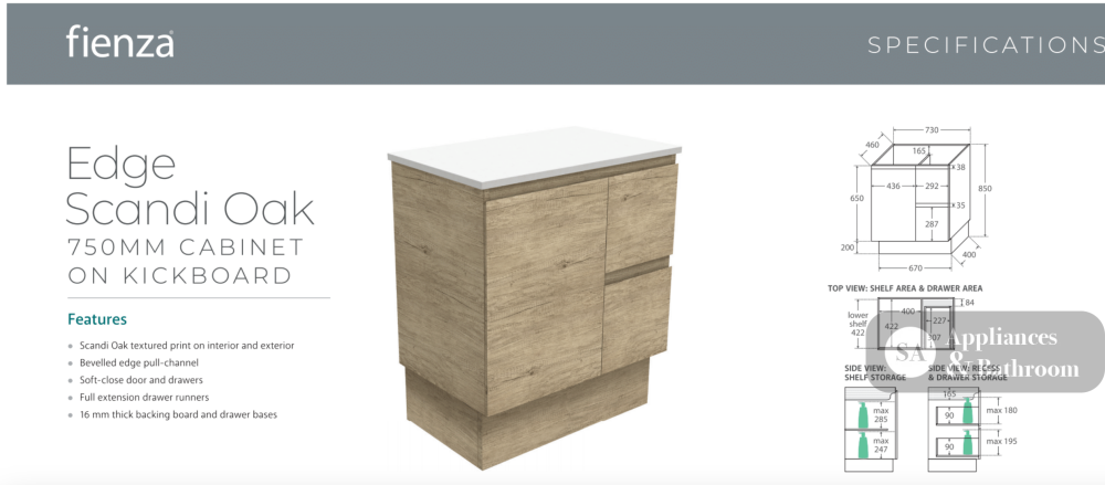 Fienza VAN75SKR Vanessa Fingerpull Scandi Oak 750 Vanity on Kickboard Right Drawers - Vanity Units