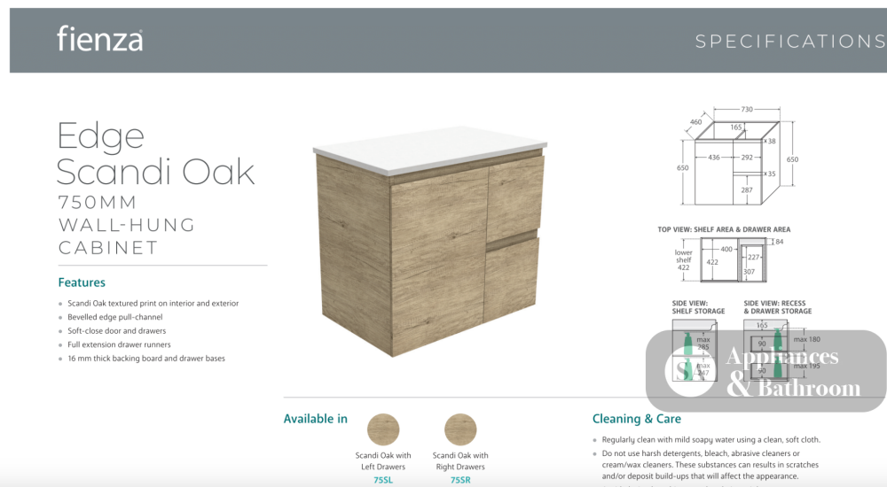 Fienza VAN75SR Vanessa Fingerpull Scandi Oak 750 Wall-Hung Vanity Right Drawers - Vanity Units