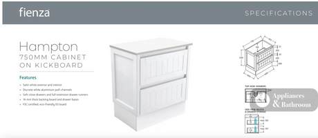 Fienza VAN75TK Vanessa Hampton 750 Vanity on Kickboard Satin White - Vanity Units