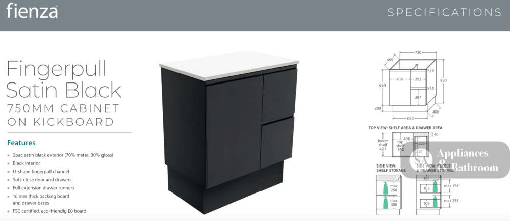 Fienza VAN75ZBKR Vanessa Fingerpull Satin Black 750 Vanity on Kickboard Right Drawers - Vanity Units