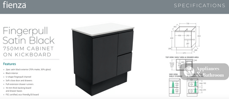 Fienza VAN75ZBKR Vanessa Fingerpull Satin Black 750 Vanity on Kickboard Right Drawers - Vanity Units