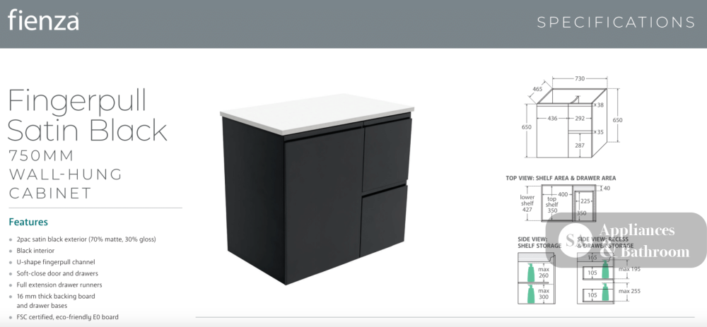 Fienza VAN75ZBL Vanessa Fingerpull Satin Black 750 Wall-Hung Vanity Left Drawers - Vanity Units