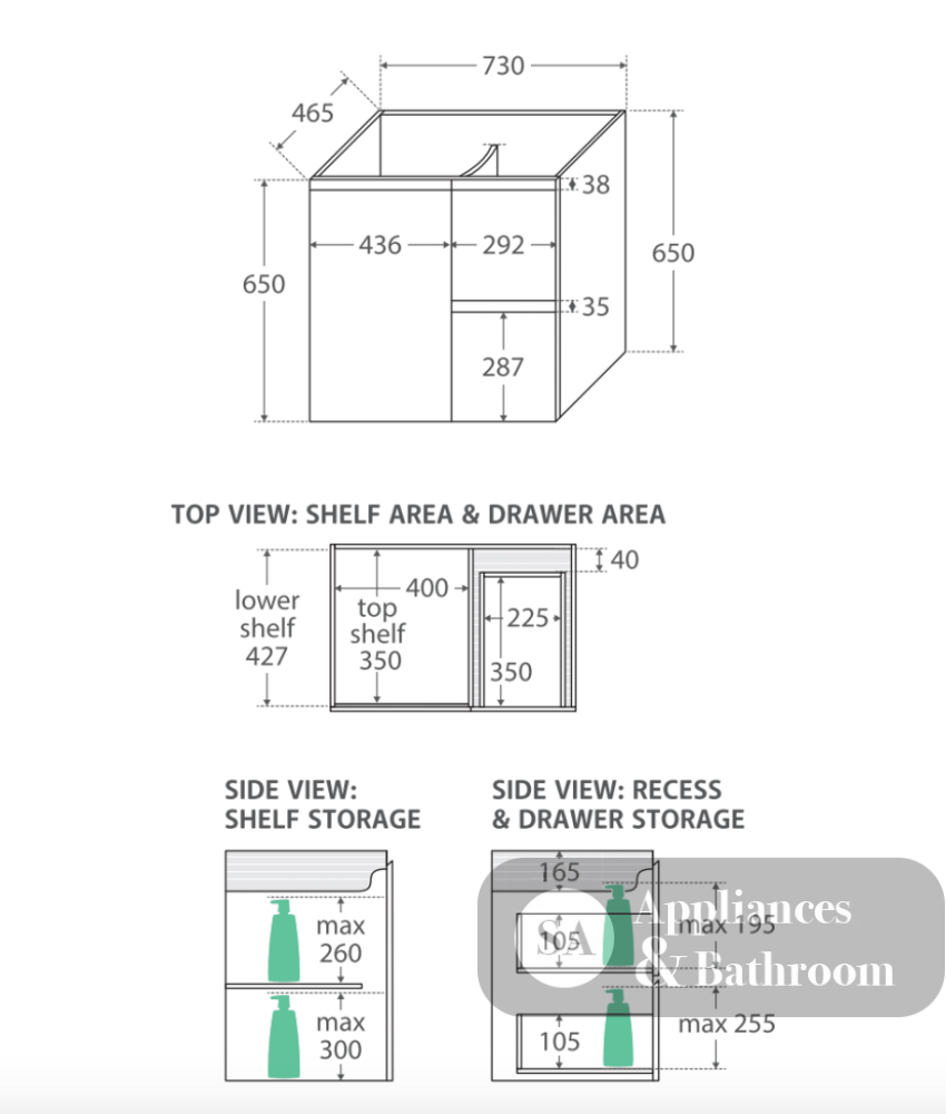 Fienza VAN75ZBL Vanessa Fingerpull Satin Black 750 Wall-Hung Vanity Left Drawers - Vanity Units
