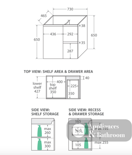 Fienza VAN75ZBR Vanessa Fingerpull Satin Black 750 Wall-Hung Vanity Right Drawers - Vanity Units
