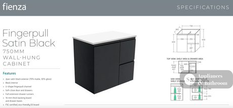 Fienza VAN75ZBR Vanessa Fingerpull Satin Black 750 Wall-Hung Vanity Right Drawers - Vanity Units