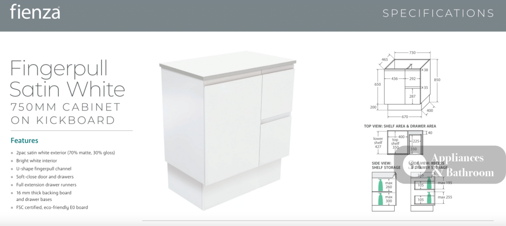 Fienza VAN75ZKL Vanessa Fingerpull Satin White 750 Vanity on Kickboard Left Drawers - Vanity Units