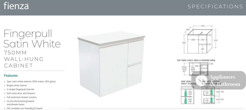 Fienza VAN75ZR Vanessa Fingerpull Satin White 750 Wall-Hung Vanity Right Drawers - Vanity Units