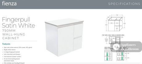 Fienza VAN75ZR Vanessa Fingerpull Satin White 750 Wall-Hung Vanity Right Drawers - Vanity Units