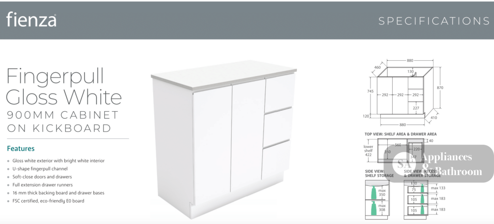 Fienza VAN90CL Vanessa Fingerpull Gloss White 900 Vanity on Kickboard Left Drawers - Vanity Units