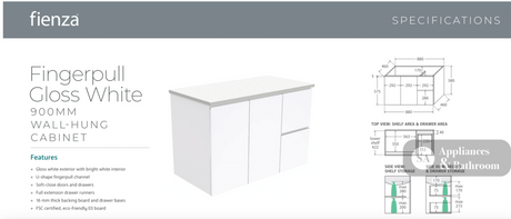 Fienza VAN90FR Vanessa Fingerpull Gloss White 900 Wall Hung Vanity Right Drawers - Vanity Units