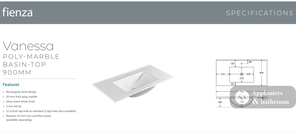 Fienza VAN90FR Vanessa Fingerpull Gloss White 900 Wall Hung Vanity Right Drawers - Vanity Units