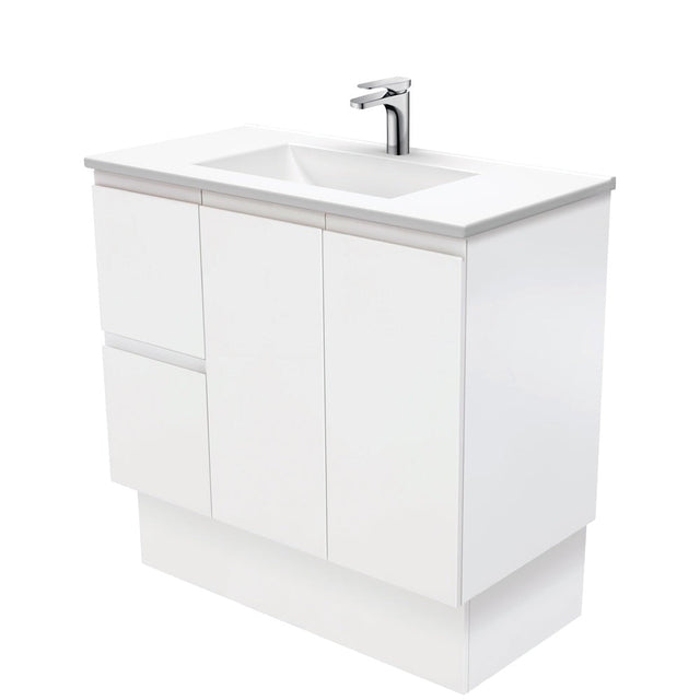 Fienza VAN90ZKL Vanessa Fingerpull Satin White 900 Vanity on Kickboard Left Drawers - Vanity Units