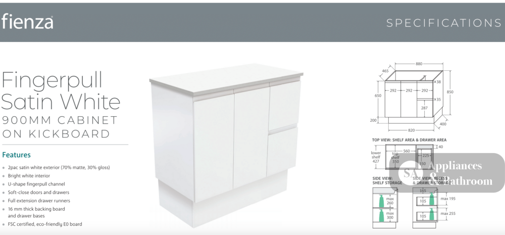 Fienza VAN90ZKL Vanessa Fingerpull Satin White 900 Vanity on Kickboard Left Drawers - Vanity Units