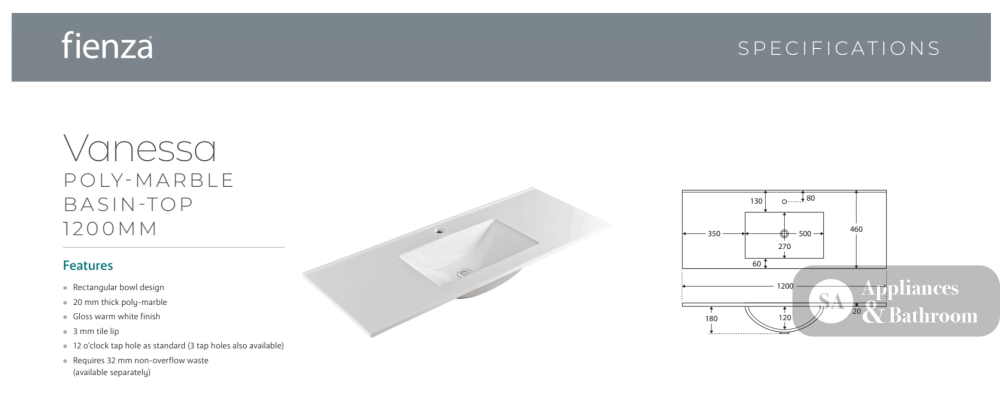 Fienza Vanessa VAN120C 1200mm Fingerpull Vanity on Kickboard White - Vanity Units