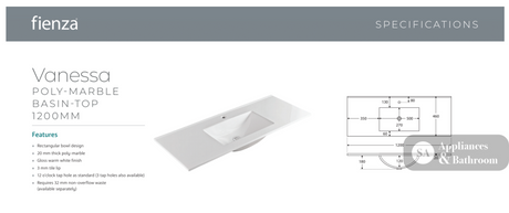 Fienza Vanessa VAN120C 1200mm Fingerpull Vanity on Kickboard White - Vanity Units