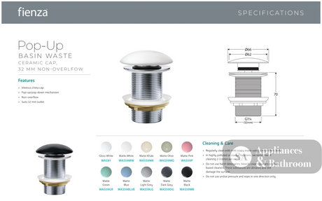 Fienza WAS59 Pop-Up 32mm Non-Overflow Basin Waste Chrome Ceramic Cap - Basin Pop up Waste