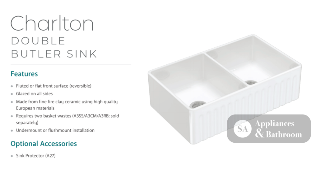 Fienza Winston 68702 Double Butler Sink White 838X483X254Mm - Special Order Kitchen Sinks