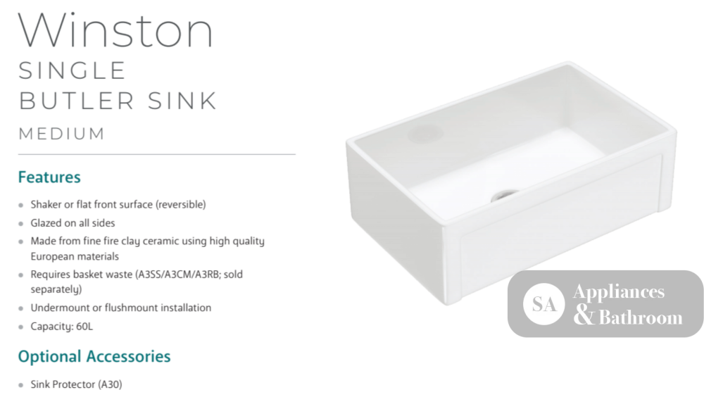 Fienza Winston 68703 Single Butler Sink Medium White 750X470X250Mm - Special Order Kitchen Sinks