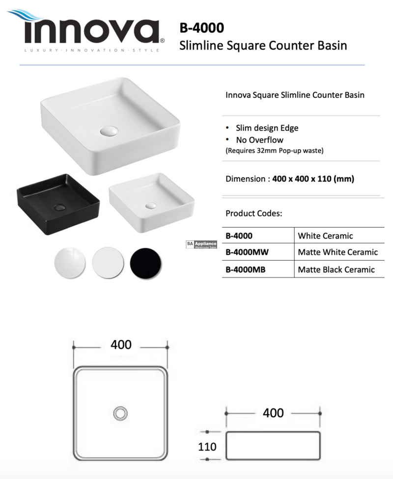 Innova B - 4000 Above Counter Square Ceramic Vessel Basin Gloss White - Special Order Basins