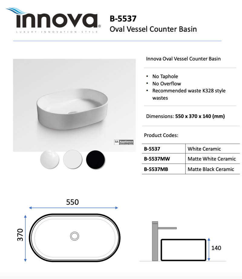 Innova B - 5537Mw Above Counter Oval Ceramic Vessel Basin Matte White - Special Order Basins