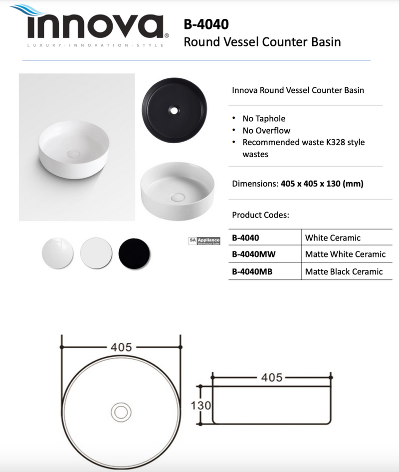 Innova B4040Mw Above Counter Round Ceramic Vessel Basin Matte White - Special Order Basins