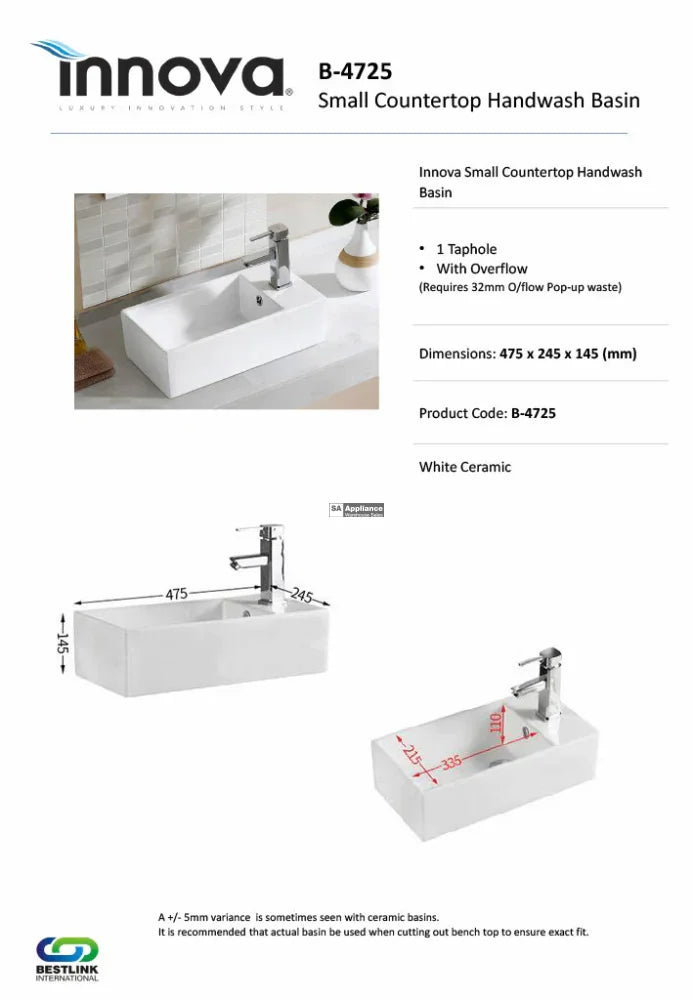 Innova B4725 Compact Above Counter Handwash Basin White - Special Order Basins
