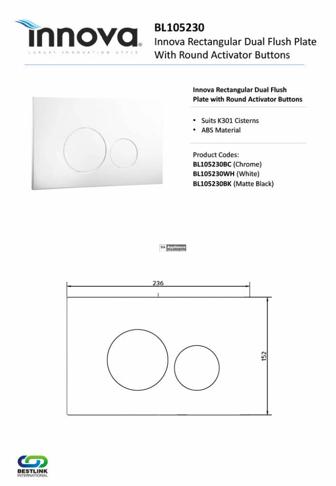 Innova Bl105230 Dual Flush Plate With Round Activator Buttons - Special Order & Access Plates