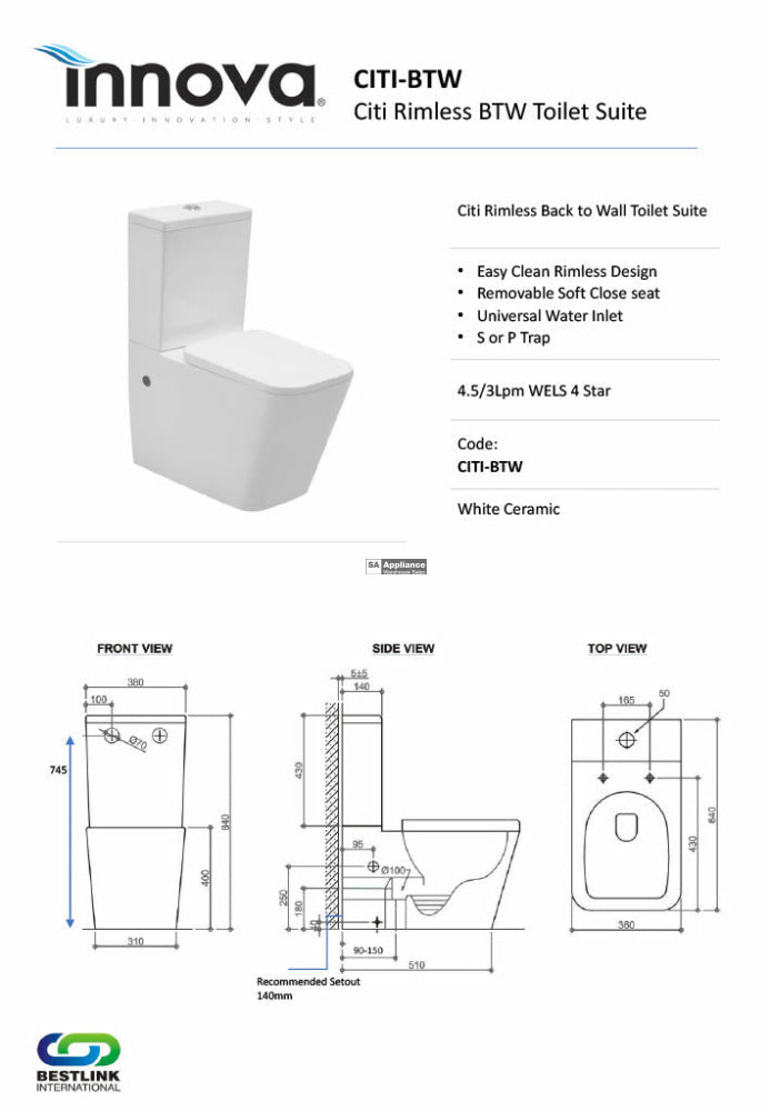 Innova Citibtw Citi Rimless Back To Wall Toilet Suite - Special Order Toilets
