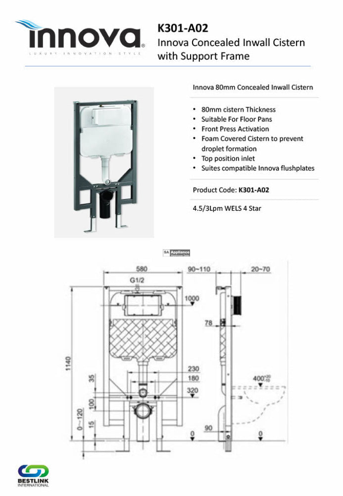 Innova K301A02 80Mm Concealed Inwall Cistern With Support Frame - Special Order In Wall Cisterns