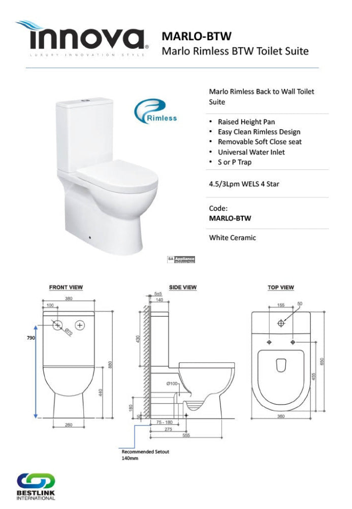 Innova Marlobtw Marlo Rimless Back To Wall Toilet Suite - Special Order Toilets