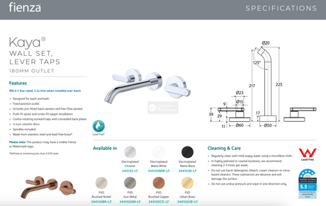 Kaya 344102CO-LF Wall Set Lever Taps 180mm Brushed Copper