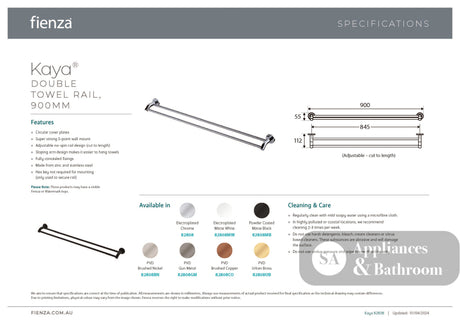 Kaya 900mm Double Towel Rail Brushed Nickel 82808BN - Bathroom Accessories