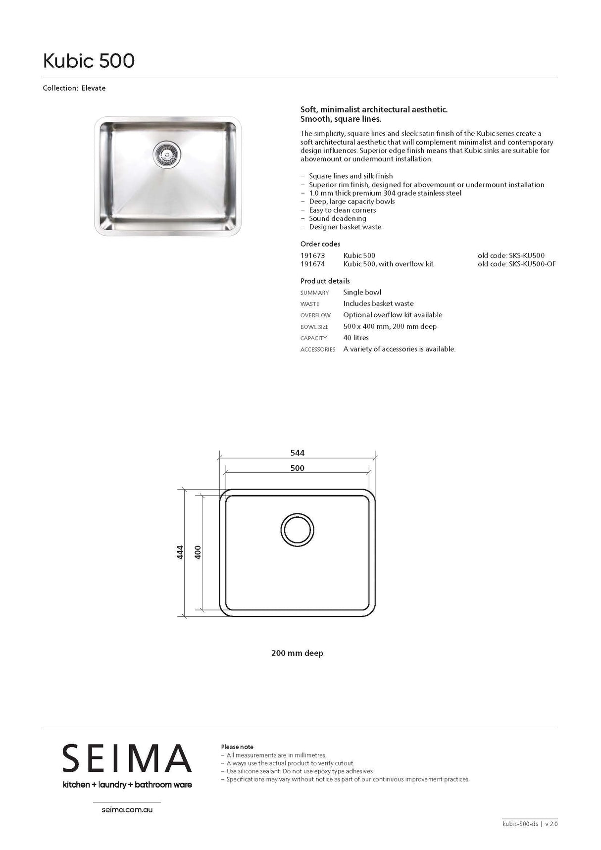 Seima Kubic 500 Single Bowl Sink with Overflow, No Taphole, 191674