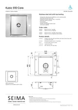 Seima Kubic 510 Care Topmount Sink, 1 Bowl (1 Taphole), 510x460mm, Stainless Steel, 192928