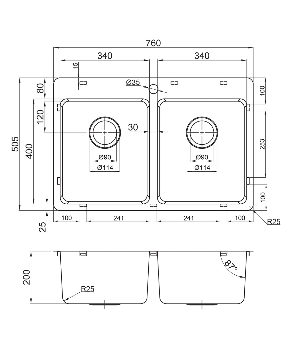 Seima Kubic 760 Topmount Sink Double Bowl with Tap Landing (1 Taphole), with Overflow, 760x505mm, Stainless Steel, 192970