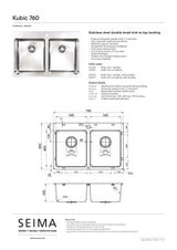 Seima Kubic 760 Topmount Sink Double Bowl with Tap Landing (1 Taphole), with Overflow, 760x505mm, Stainless Steel, 192970
