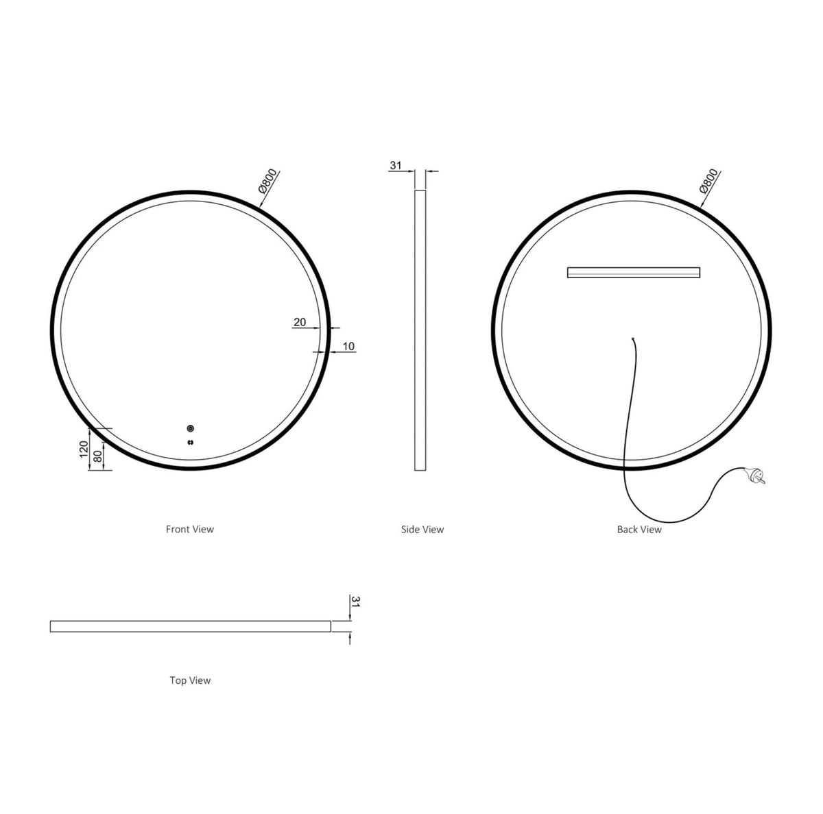 Otti LED-R800 LED Bondi 800mm Round Tuffi Mirror