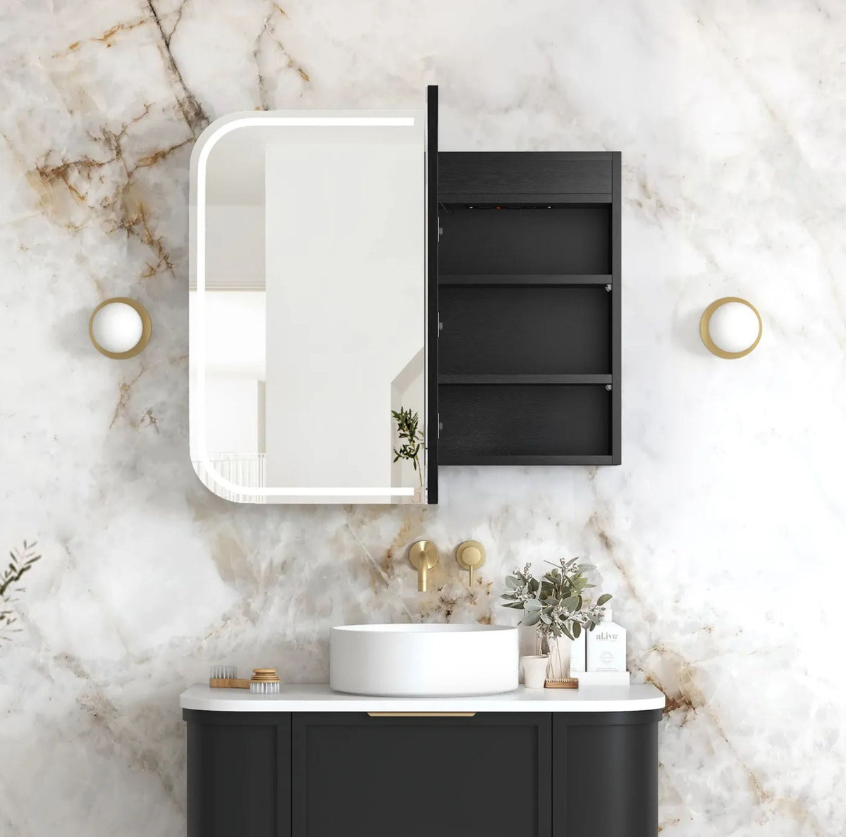 Otti LED-SSQ9075B-VP LED Newport 900x750mm Black Oak Shaving Cabinet