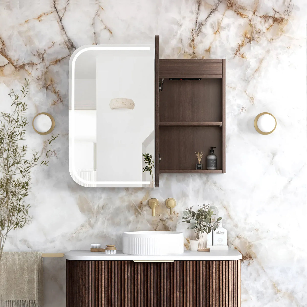 Otti LED-SSQ9075SW-VP LED Newport 900x750mm Sable Walnut Shaving Cabinet